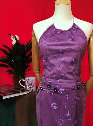 Effy By Design- Mauving on - Flowering Lavatera - Two sides reversible halter tank crop and petal penscil skirt top with removable lace - 16