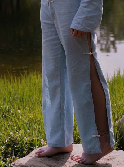 Swamps - Linen pants with side flexible slits and frog buttons - Eau-水-Water - Effy By Design - 000