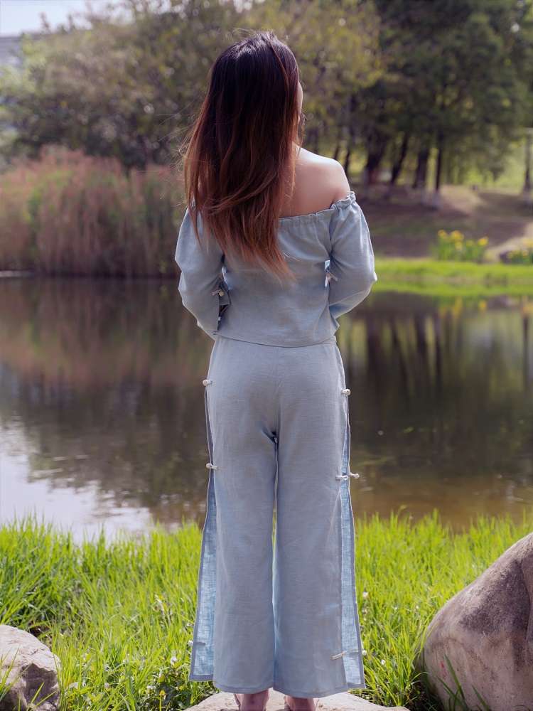 Swamps - Linen pants with side flexible slits and frog buttons - Eau-水-Water - Effy By Design - 109