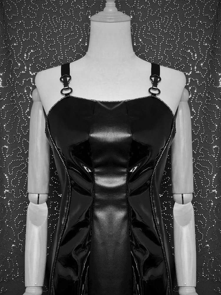 Grandiose - Black pu leather corset dress & rhinestones - stunning waist & dazzling art deco curves - ~{2030}~ - Effy By Design - 11