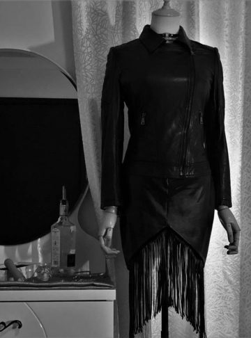 Fringes - Geometric art deco black pu leather skirt with removable frills fringe -~{2030}~ - Effy By Design - 42