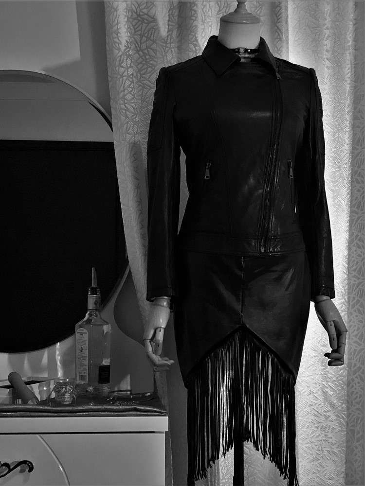 Fringes - Geometric art deco black pu leather skirt with removable frills fringe -~{2030}~ - Effy By Design - 42