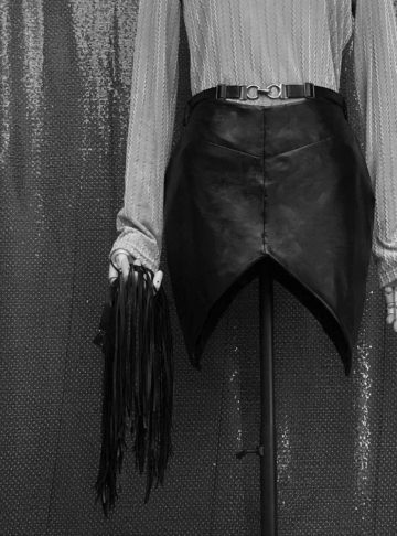 Fringes - Geometric art deco black pu leather skirt with removable frills fringe -~{2030}~ - Effy By Design - 43