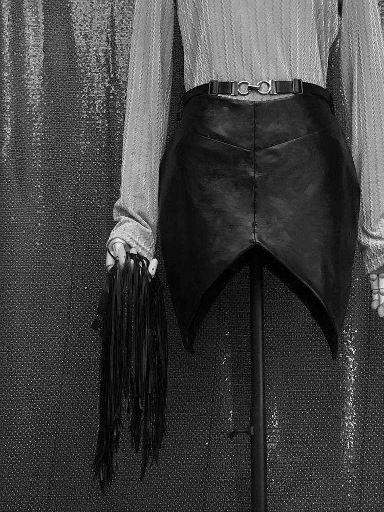 Fringes - Geometric art deco black pu leather skirt with removable frills fringe -~{2030}~ - Effy By Design - 43