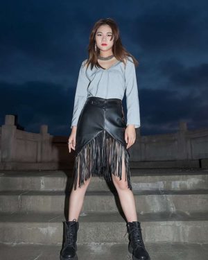 Fringes - Geometric art deco black pu leather skirt with removable frills fringe -~{2030}~ - Effy By Design - 52