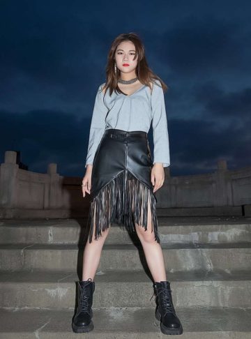 Fringes - Geometric art deco black pu leather skirt with removable frills fringe -~{2030}~ - Effy By Design - 52