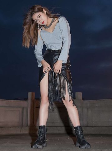 Fringes - Geometric art deco black pu leather skirt with removable frills fringe -~{2030}~ - Effy By Design - 55
