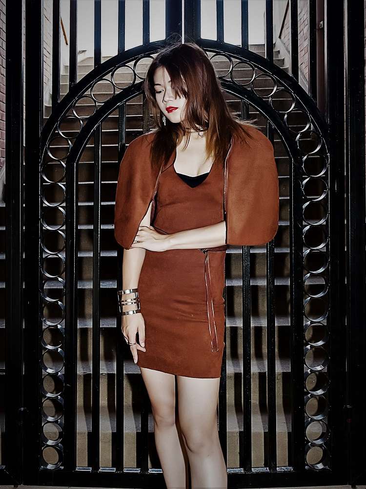 Plethora -~{2030}~- Effy By Design - 21 Reversible Bodycon Dress - Brown Microfiber Side - Front